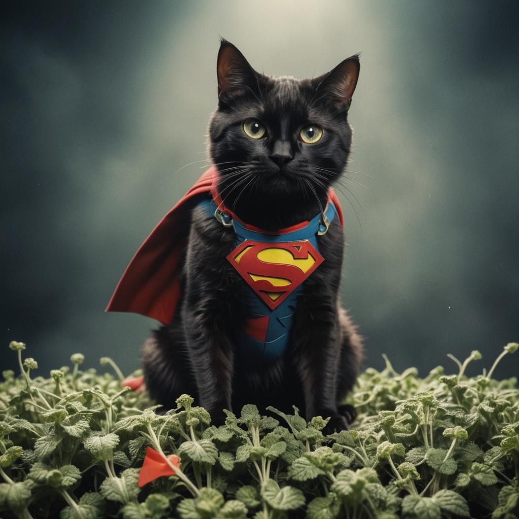Black Cat as Superman in Catnip: Cinematic Still