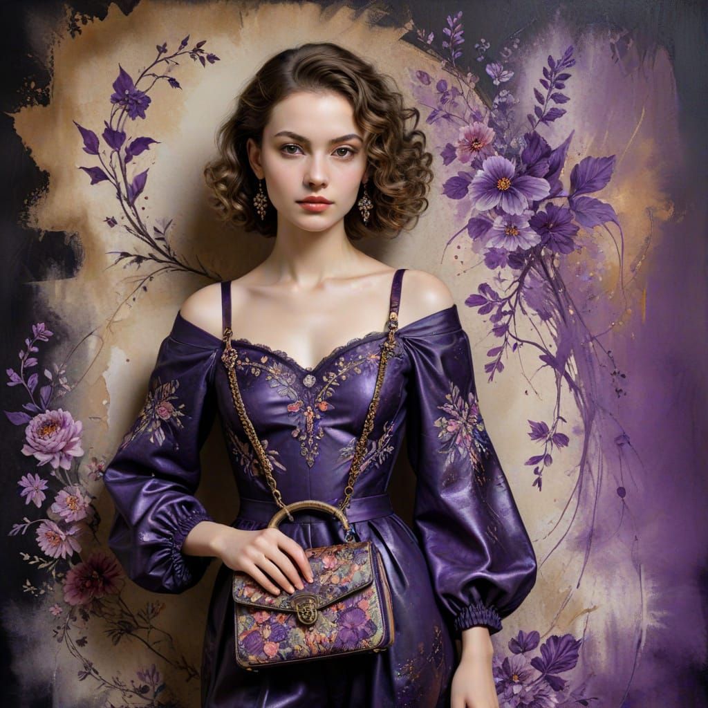 Model with Embroidered Bag: Ink Painting in Fantasy Style
