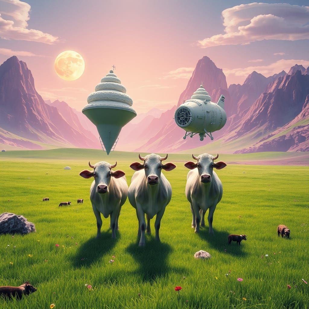 Whimsical Alien Landscape with Levitating Cows and Ice Cream...