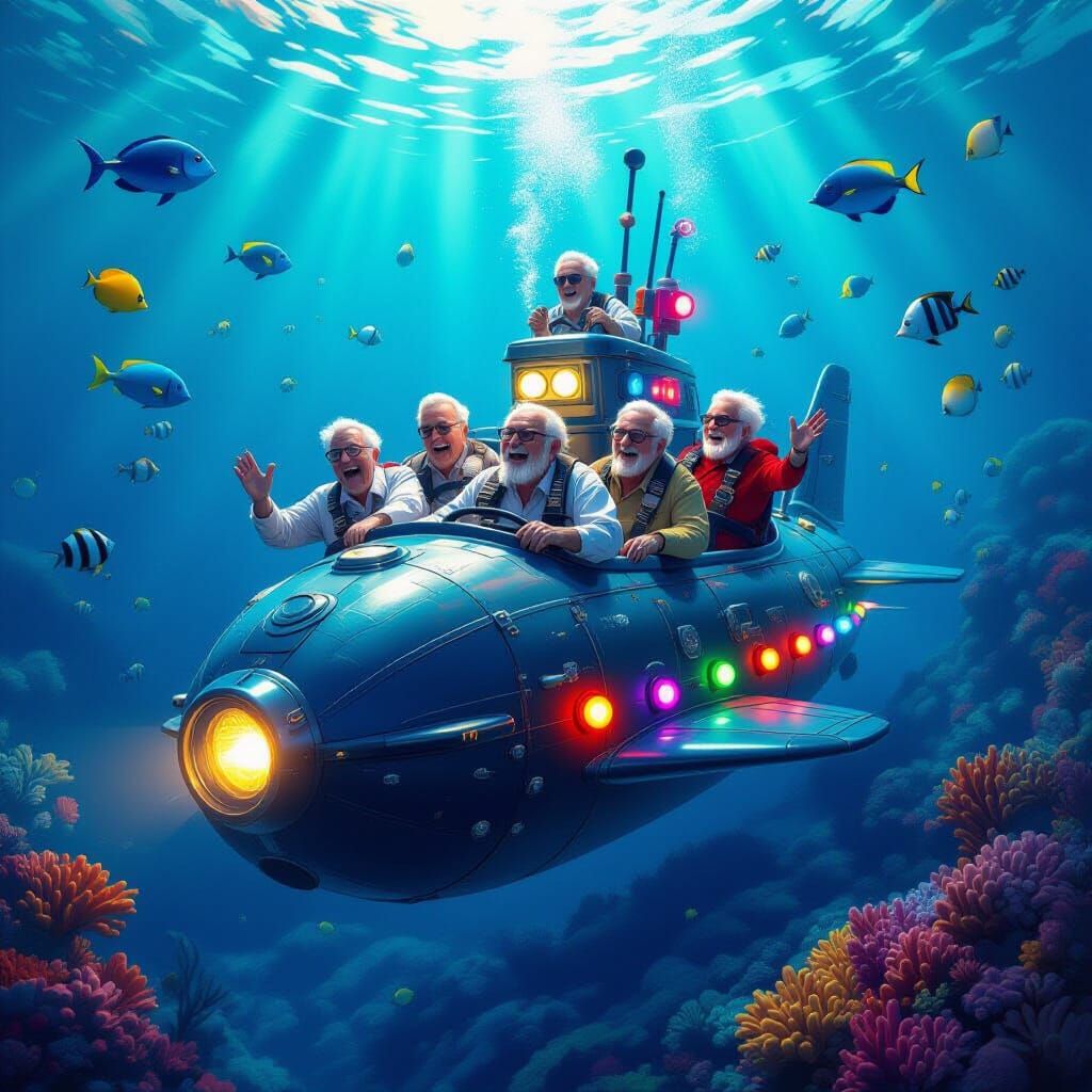 Hyperrealistic Submarine Adventure with Elderly Crew