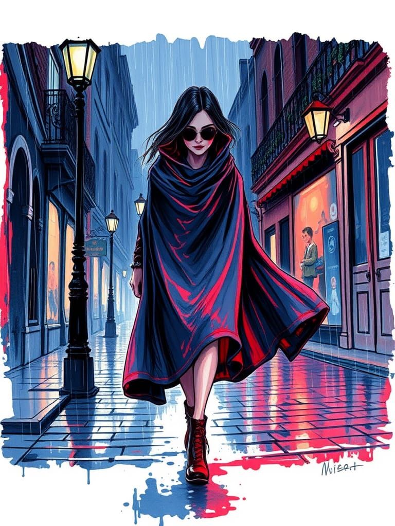 Rainy Street Scene in Pen and Ink Style