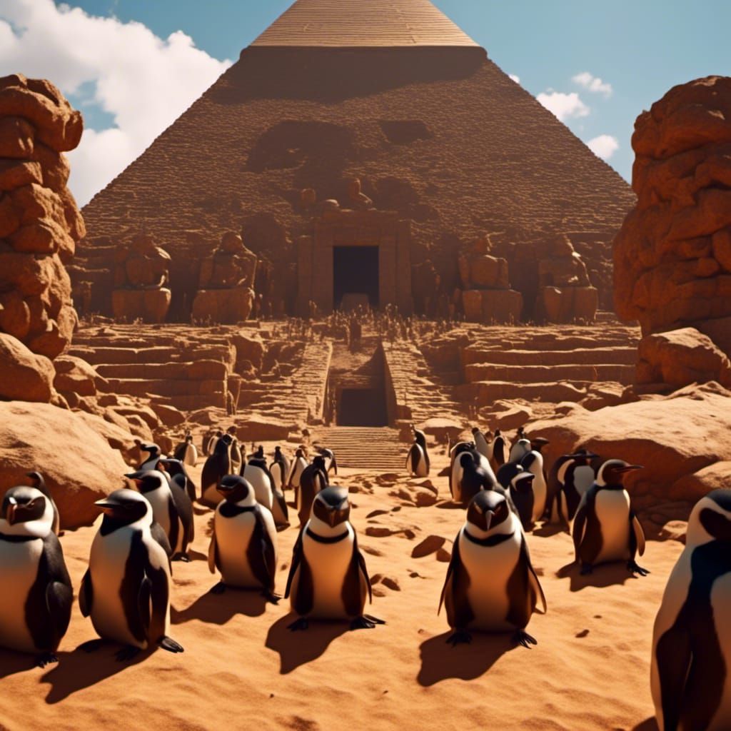 Penguins Discover Pyramids in Detailed Matte Painting