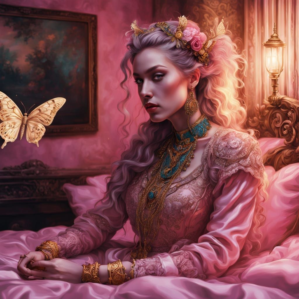 Surreal Portrait of Woman in Dreamlike Bedroom