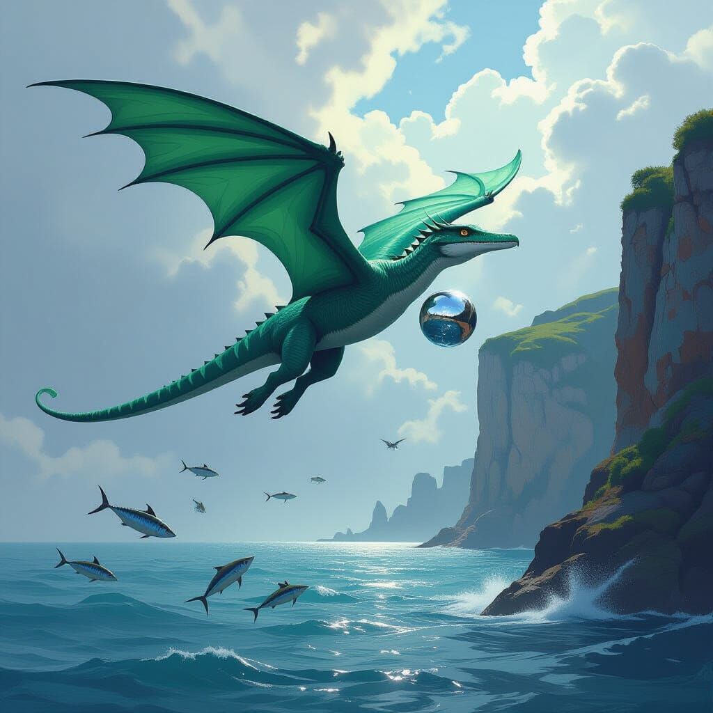 Pterodactyl Grasping Silver Ball in Sci-Fi Style