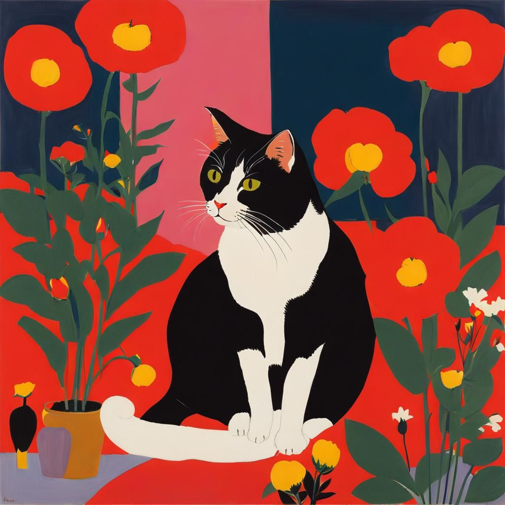 Cute Cat Surrounded by Flowers in Pop Art Style
