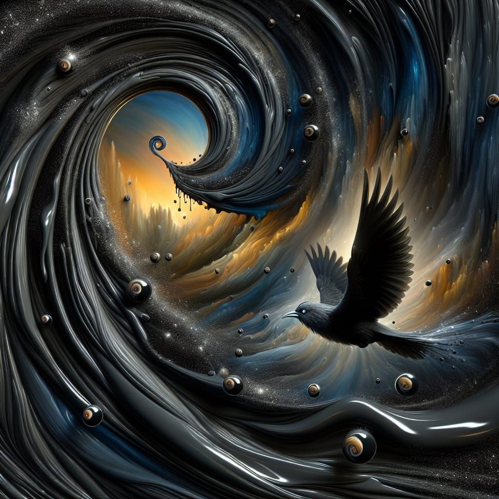 Bird Soaring Through Dripping Black Paint Vortex