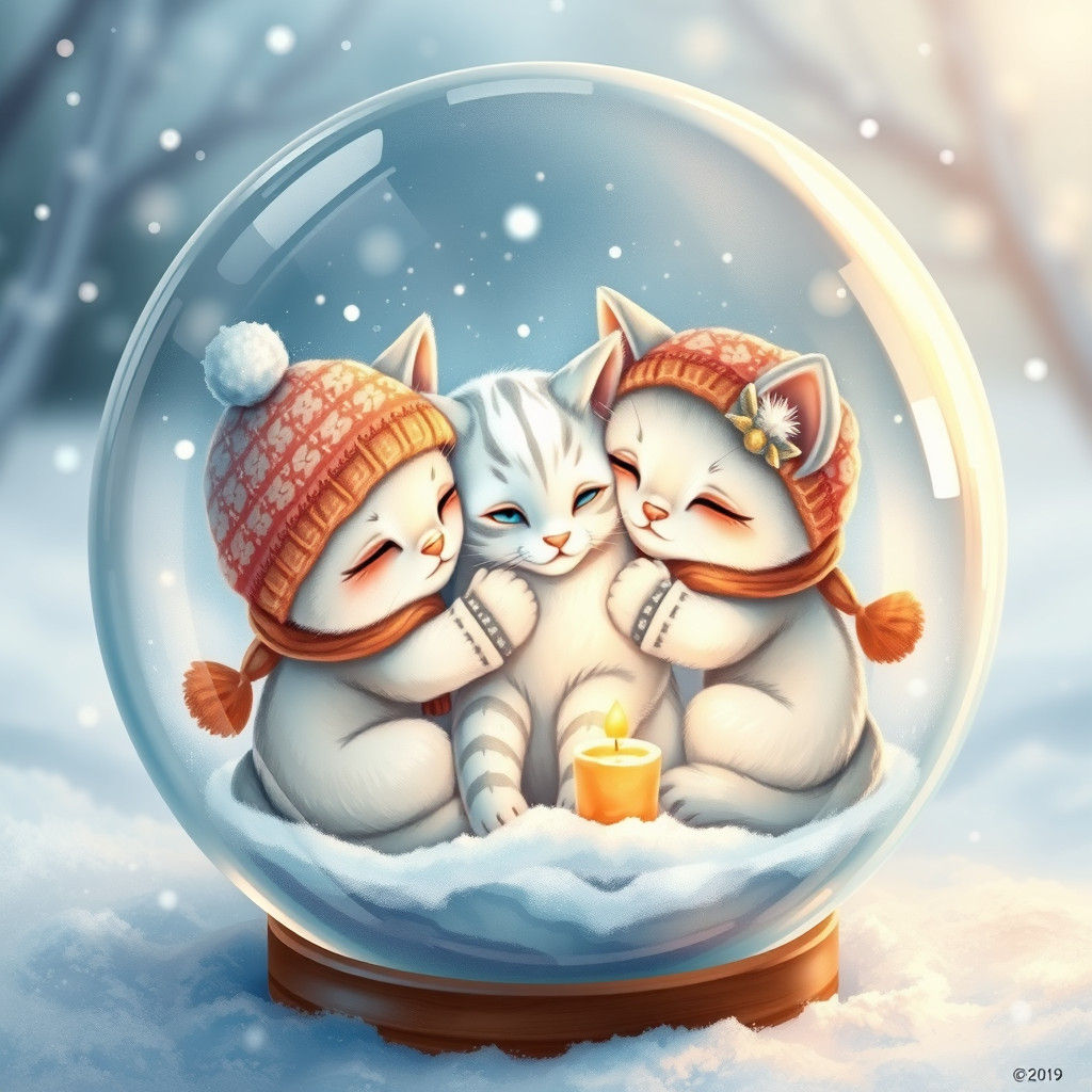 Chibi Kittens Petting Snow Cat in Winter Globe