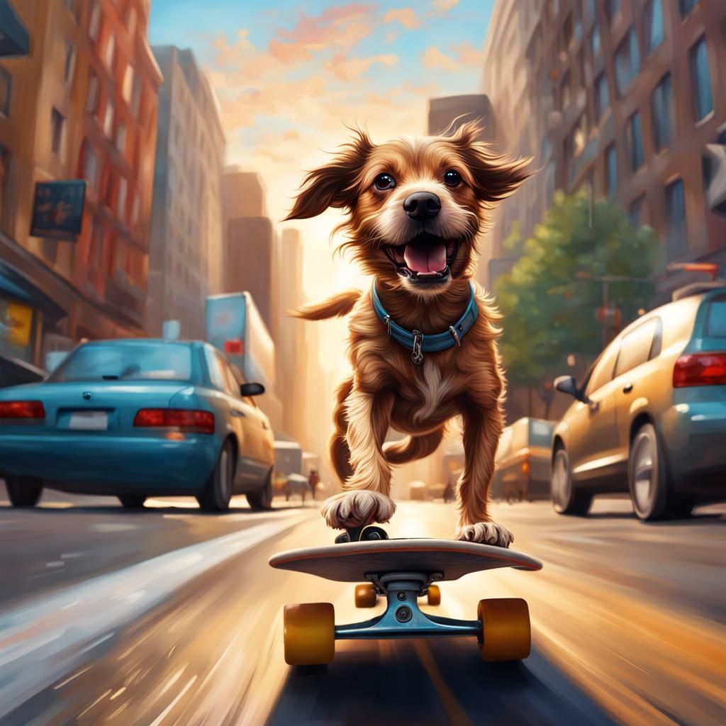Dog Rides Skateboard Through City in Splash Art