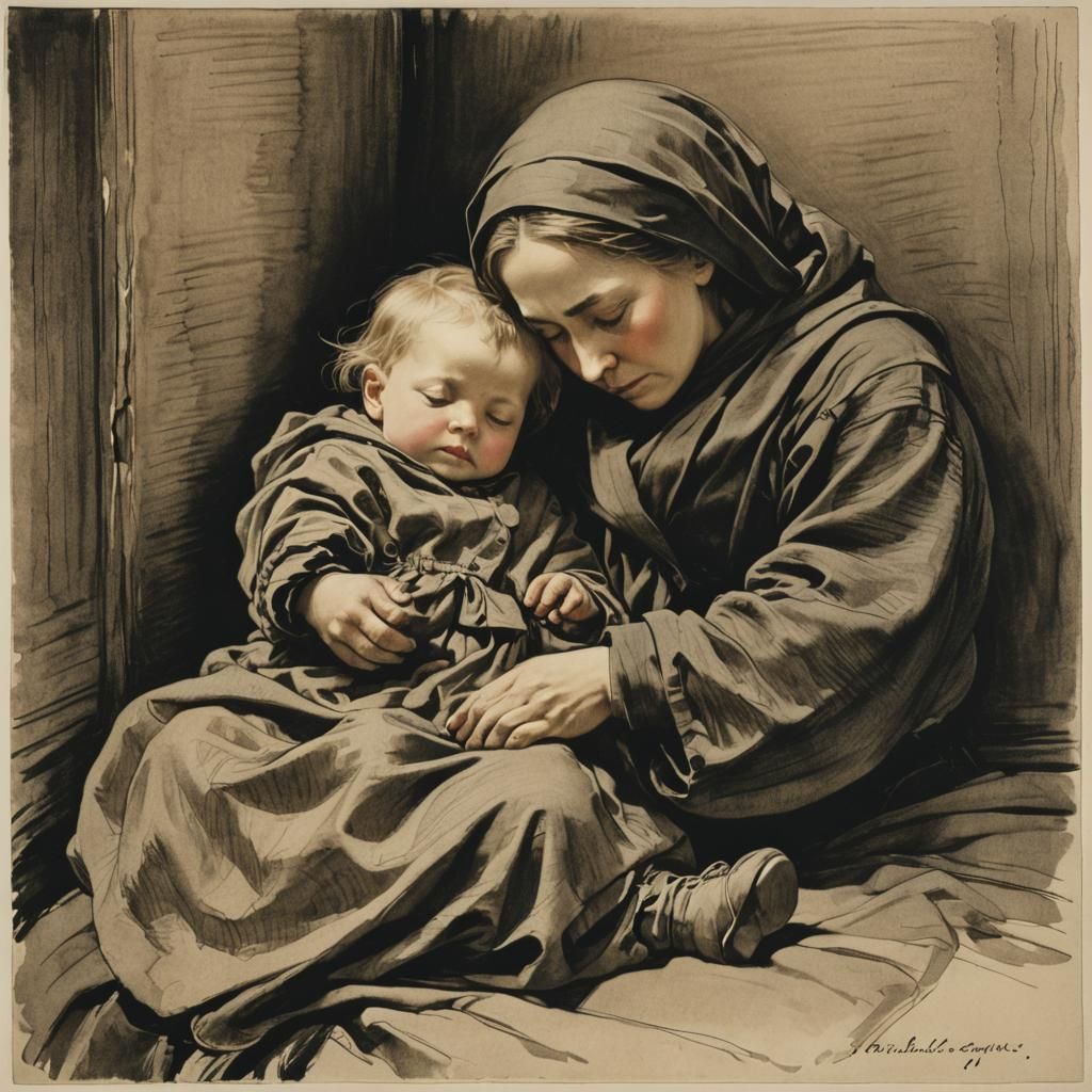Mother and Child in Artistic Drawing Style