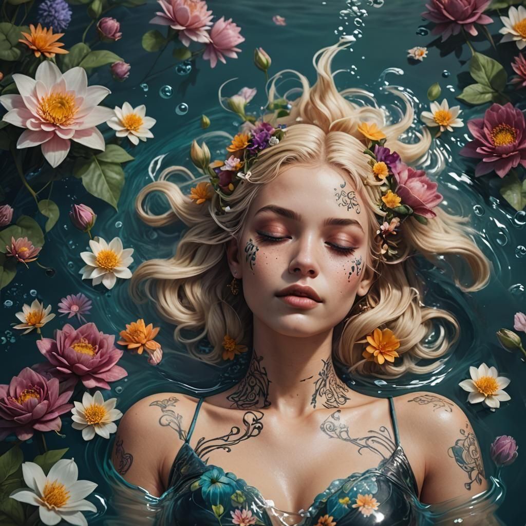 Person Floating in Water with Flowers: Detailed Matte Painti...