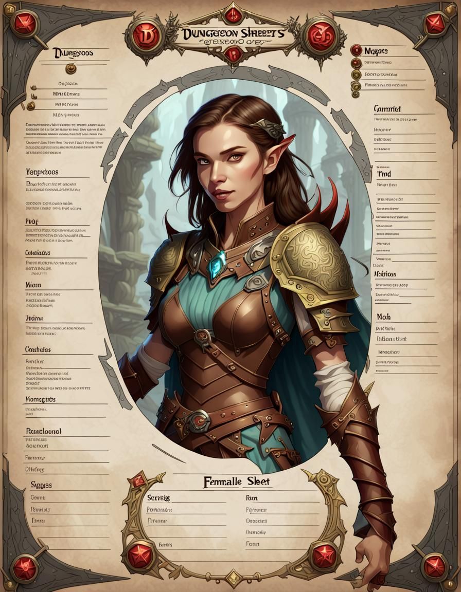 Detailed D&D Female Character Sheet: Digital Illustration