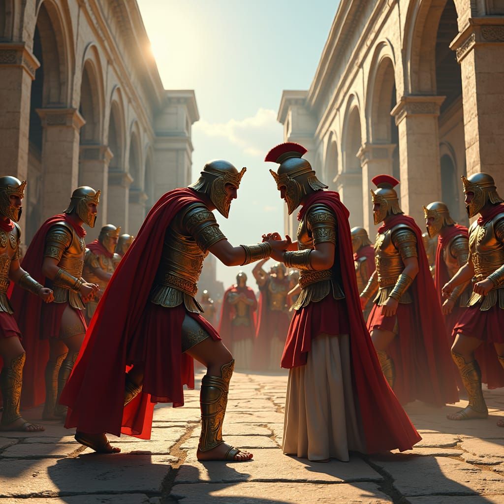 Roman Soldiers Arresting Christians in Sci-Fi Cityscape