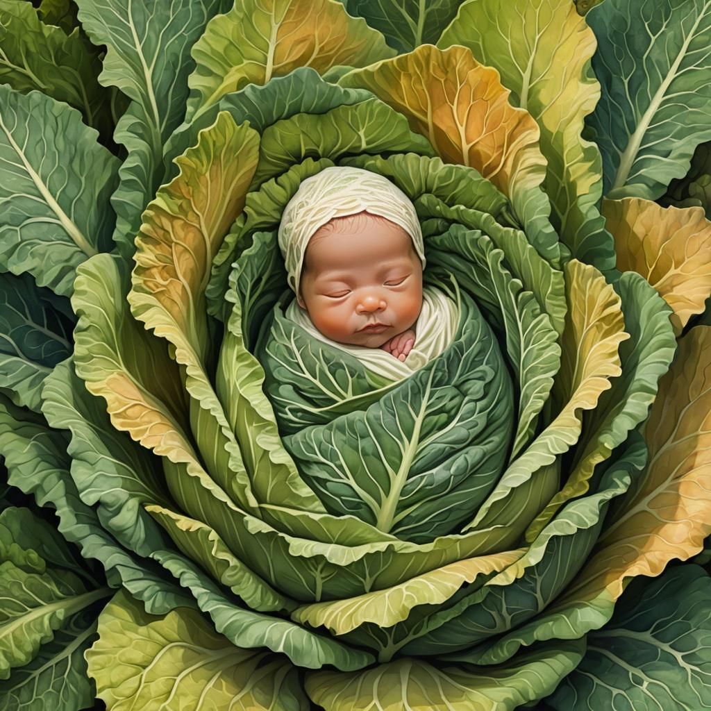 Baby in Cabbage Patch: Whimsical Conceptual Illustration