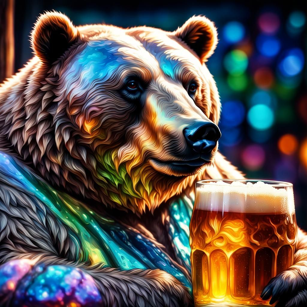 Cosmic Bear Drinks Beer in Hyperrealistic Portrait