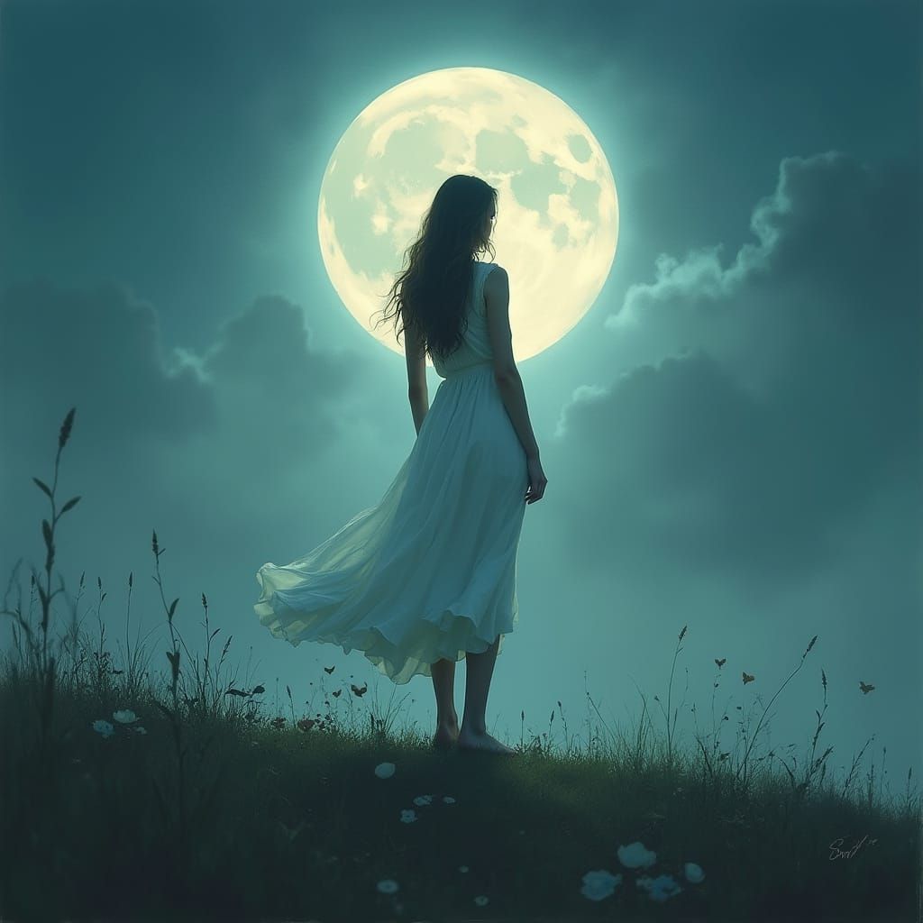 Moonlit Woman in Flowing Dress: Dreamy Digital Art