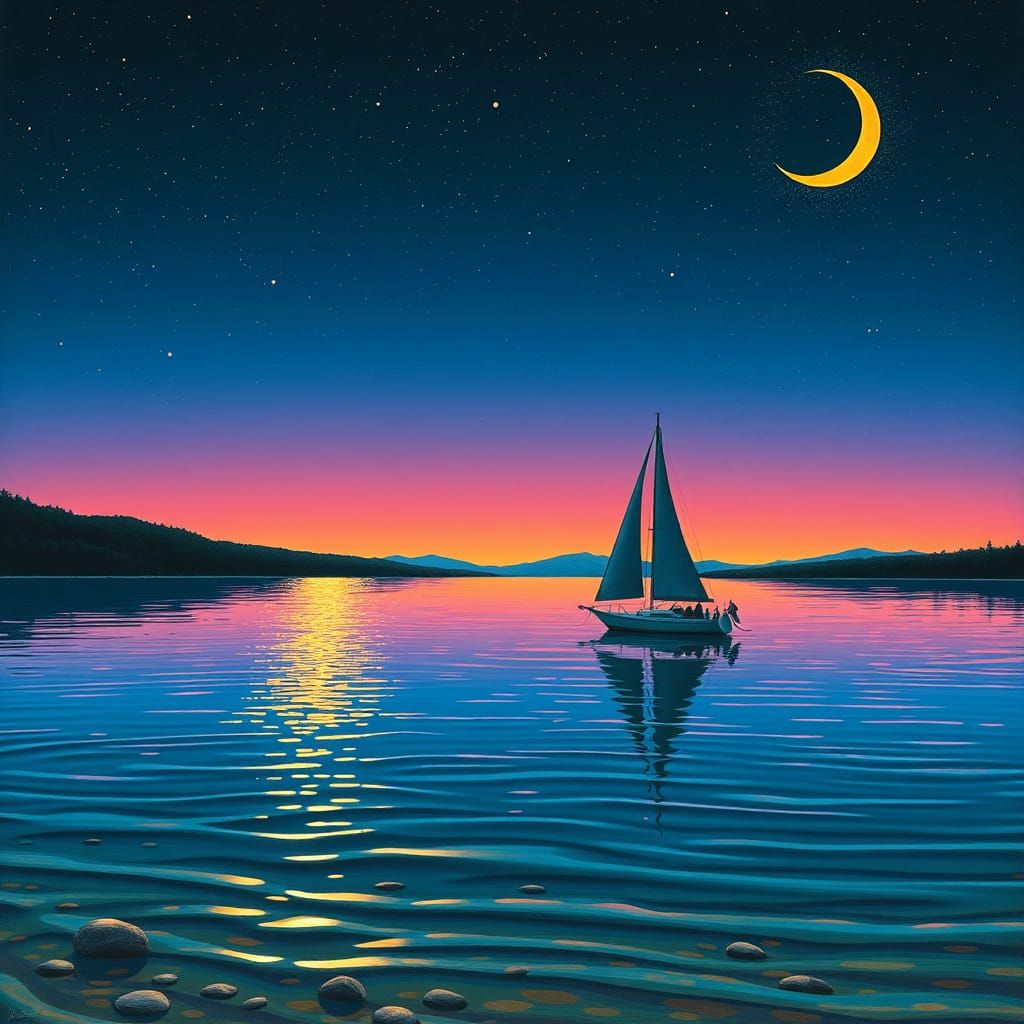 Sailboat on Lake at Night in Visionary Art