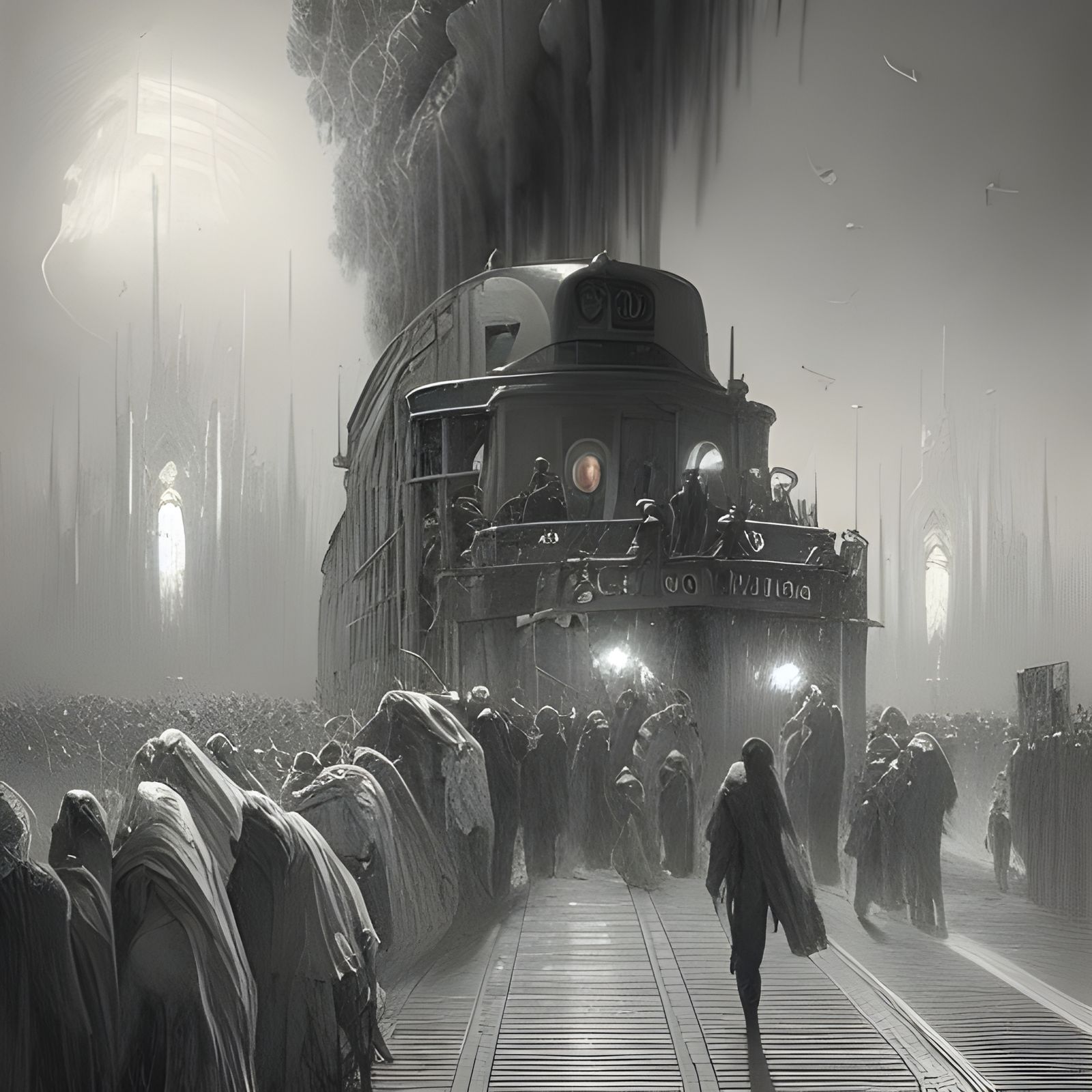Gothic Horror Train Departs Station in Doré Style