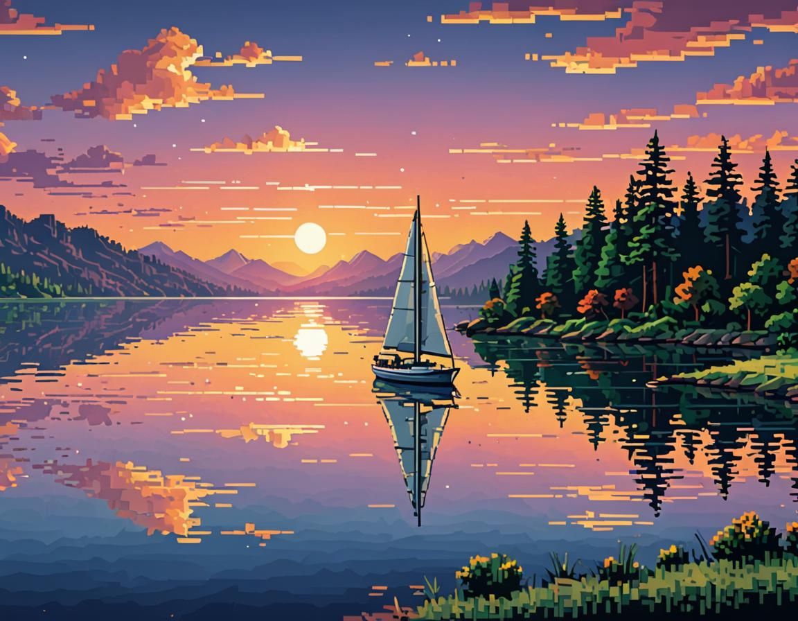 Pixel Art Sunset Sailboat on Lake