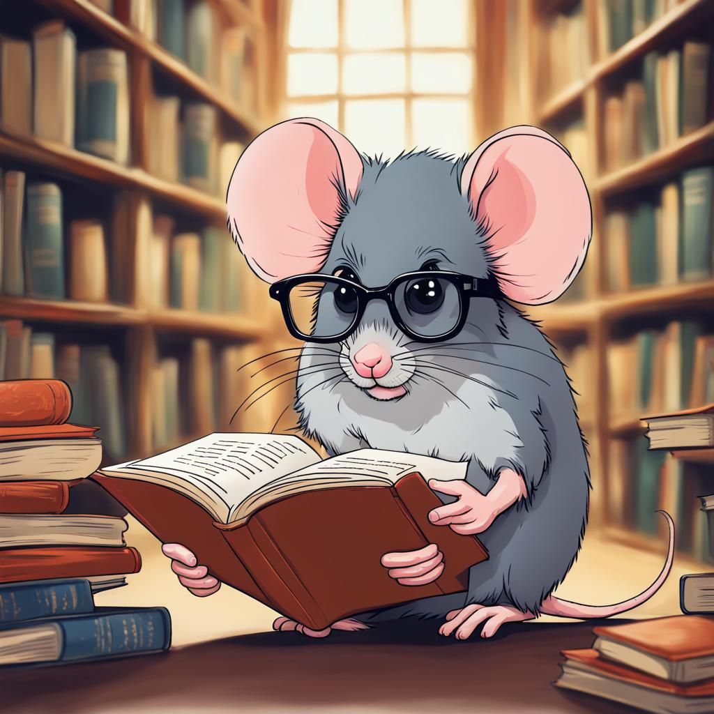 Mice Reading in Library with Cute Glasses