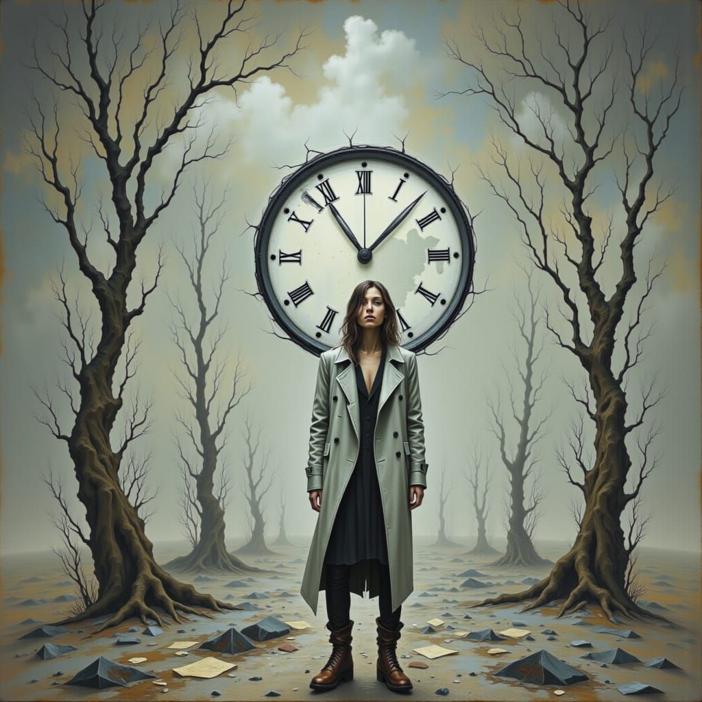 Surreal Woman in Silver Coat in Dreamscape