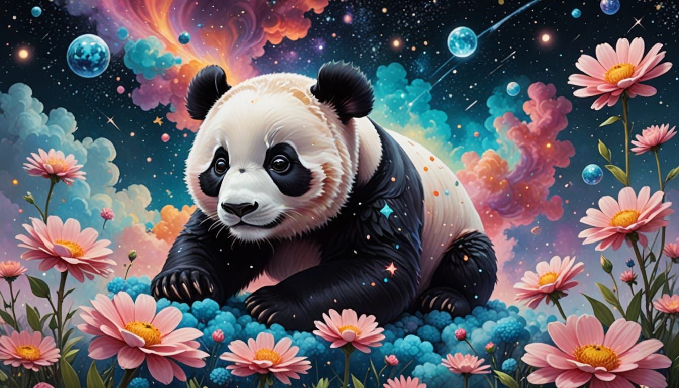 Panda Cub Floating Through Candy Nebula