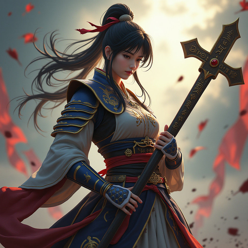 Anime Warrior Polishing Glaive Before Battle