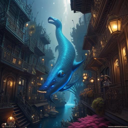 Steampunk Flower Machine with Sea Animals in City