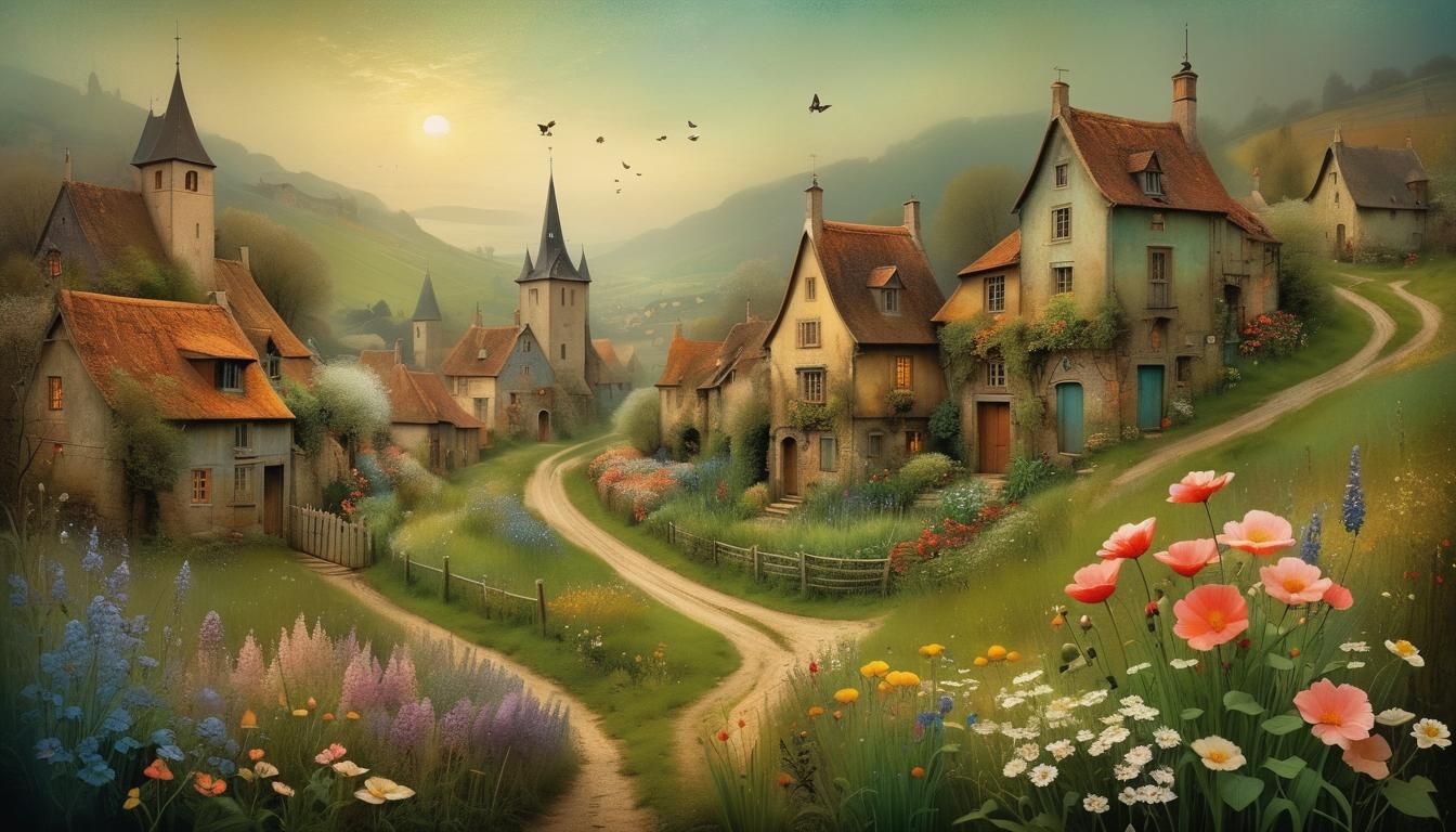 Blooming Village: Surrealist Garden Scene in Morning Light