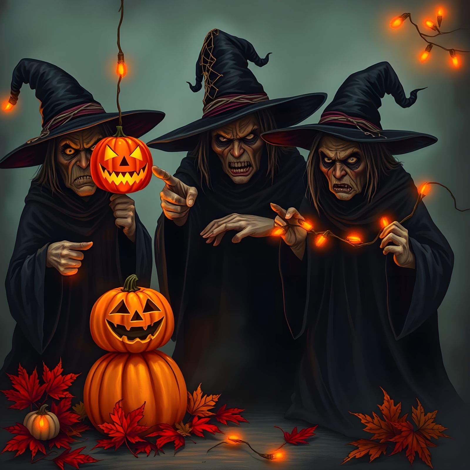 Furious Witches Scowl at Gaudy Halloween Decorations