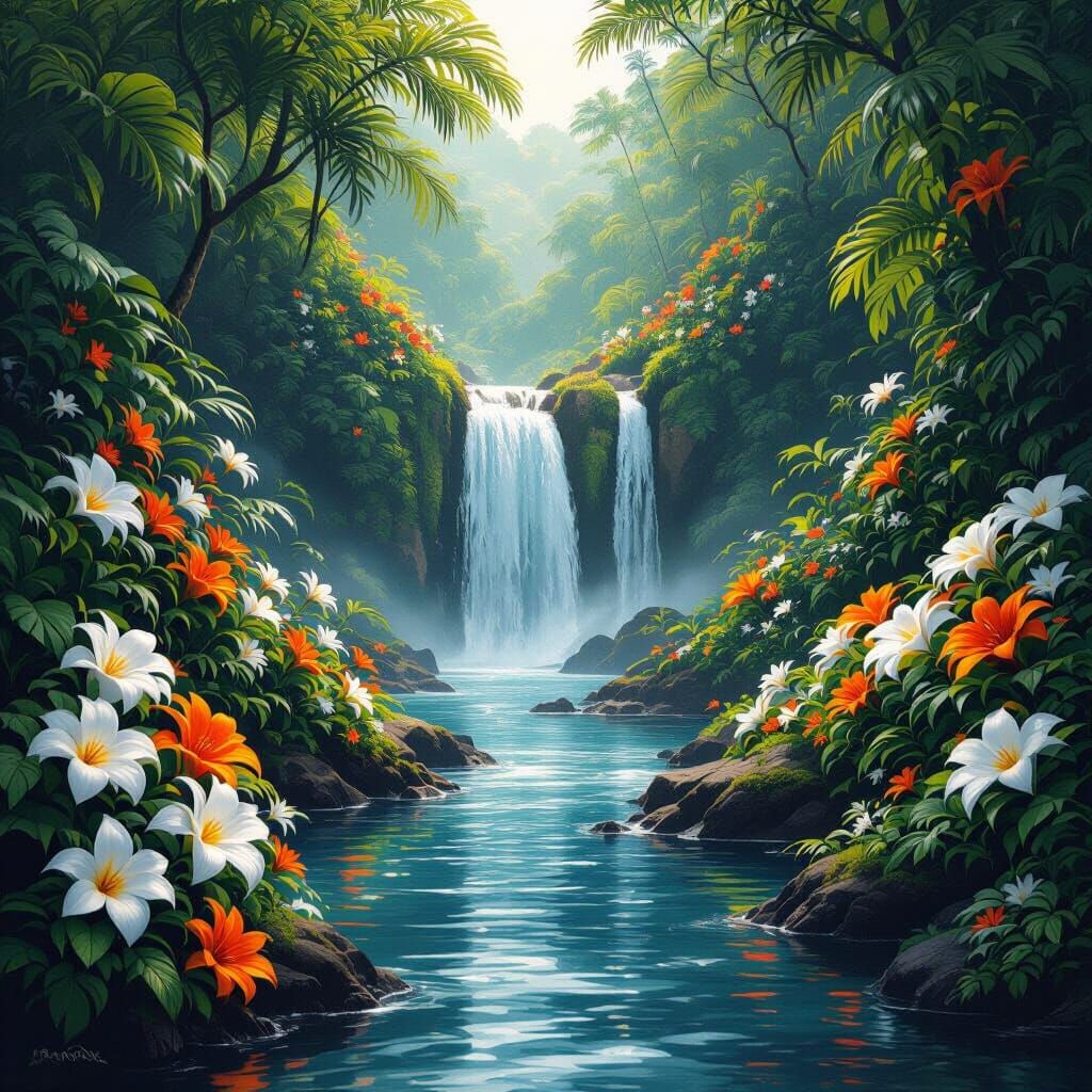 Lush Rainforest River with Exotic Flowers - Matte Painting
