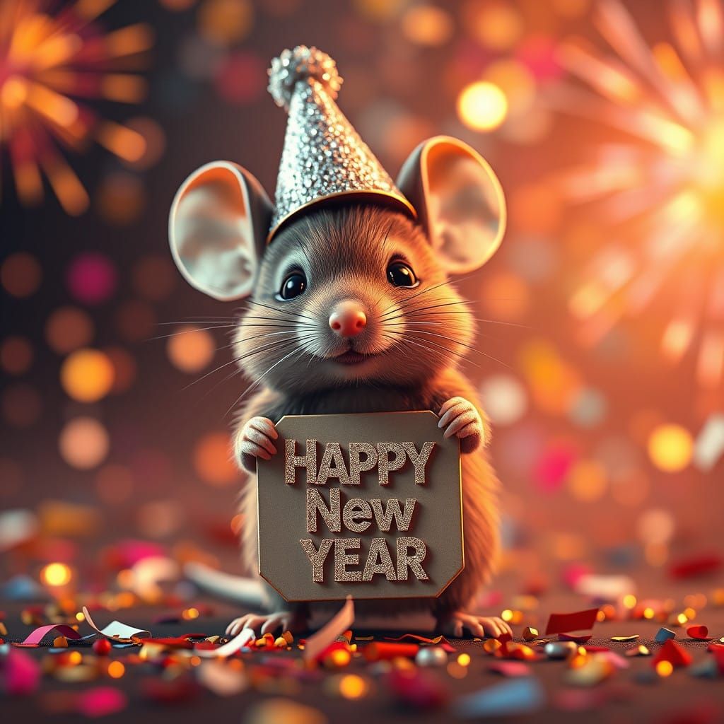 Whimsical Mouse Celebrates New Year with Glittering Firecrac...