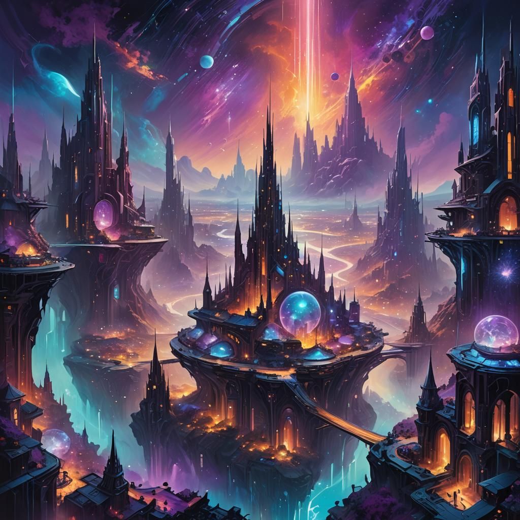 Sci-Fi City in Iridescent Cosmos