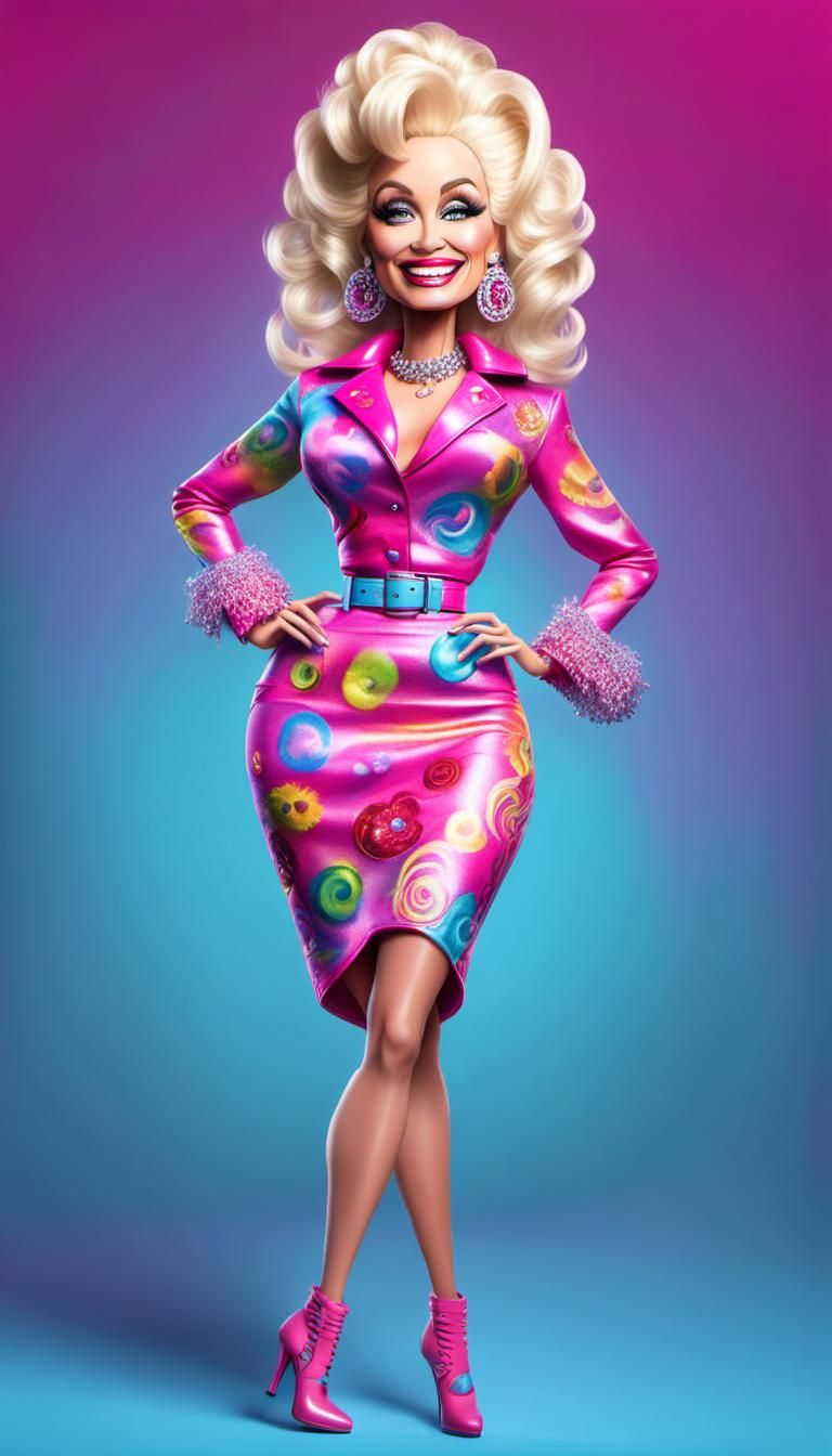 funny caricature of a young smiling Dolly Parton in an atrac...