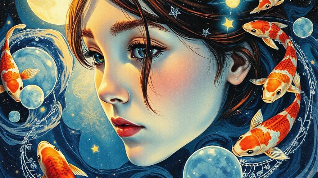 Celestial Girl with Marbling in Art Nouveau Style