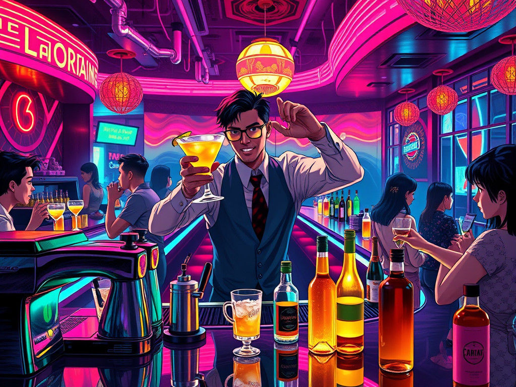Electric Bartender in Retro-Futuristic Cafe Scene