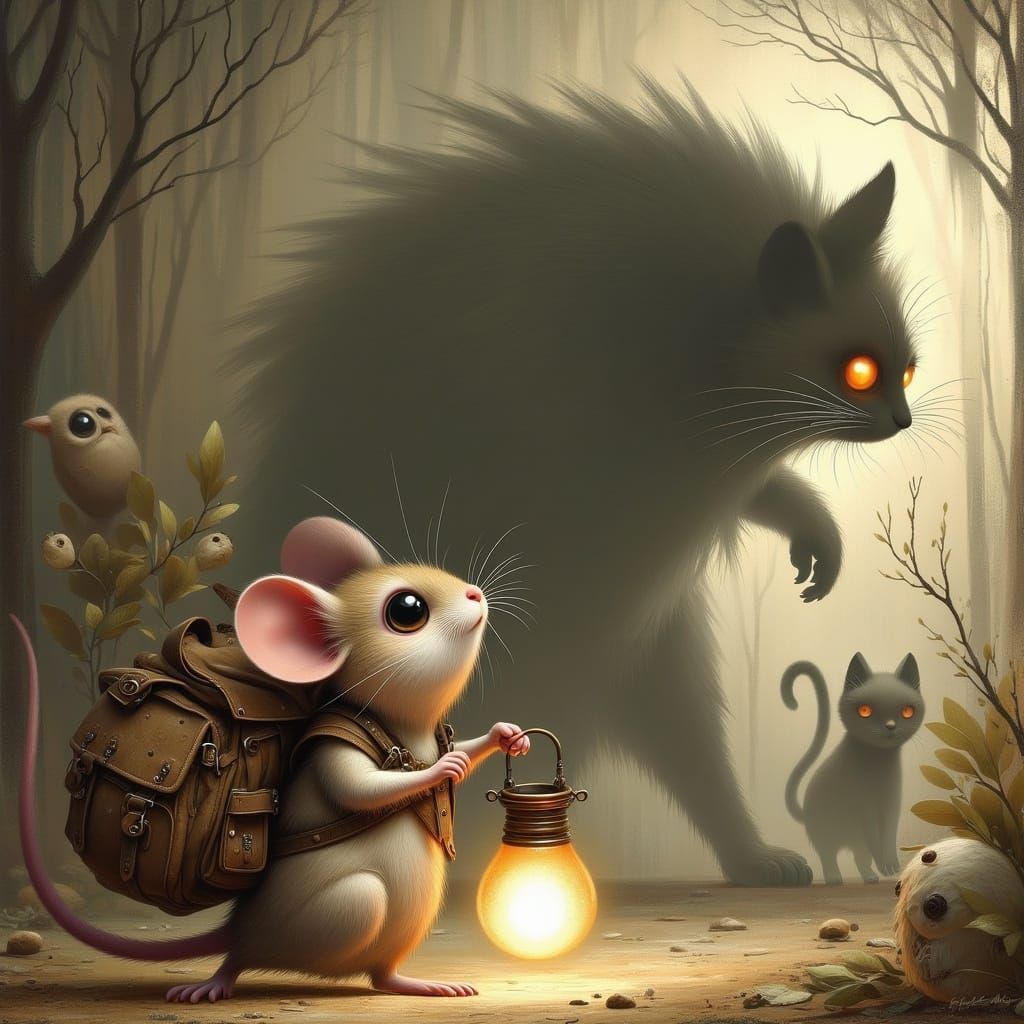 Whimsical Shadow Monster Menaces Timid Mouse and Terrified C...