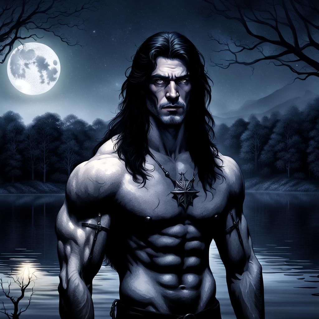 Lonely Male Witch in Moonlight, Photorealistic HDR Portrait