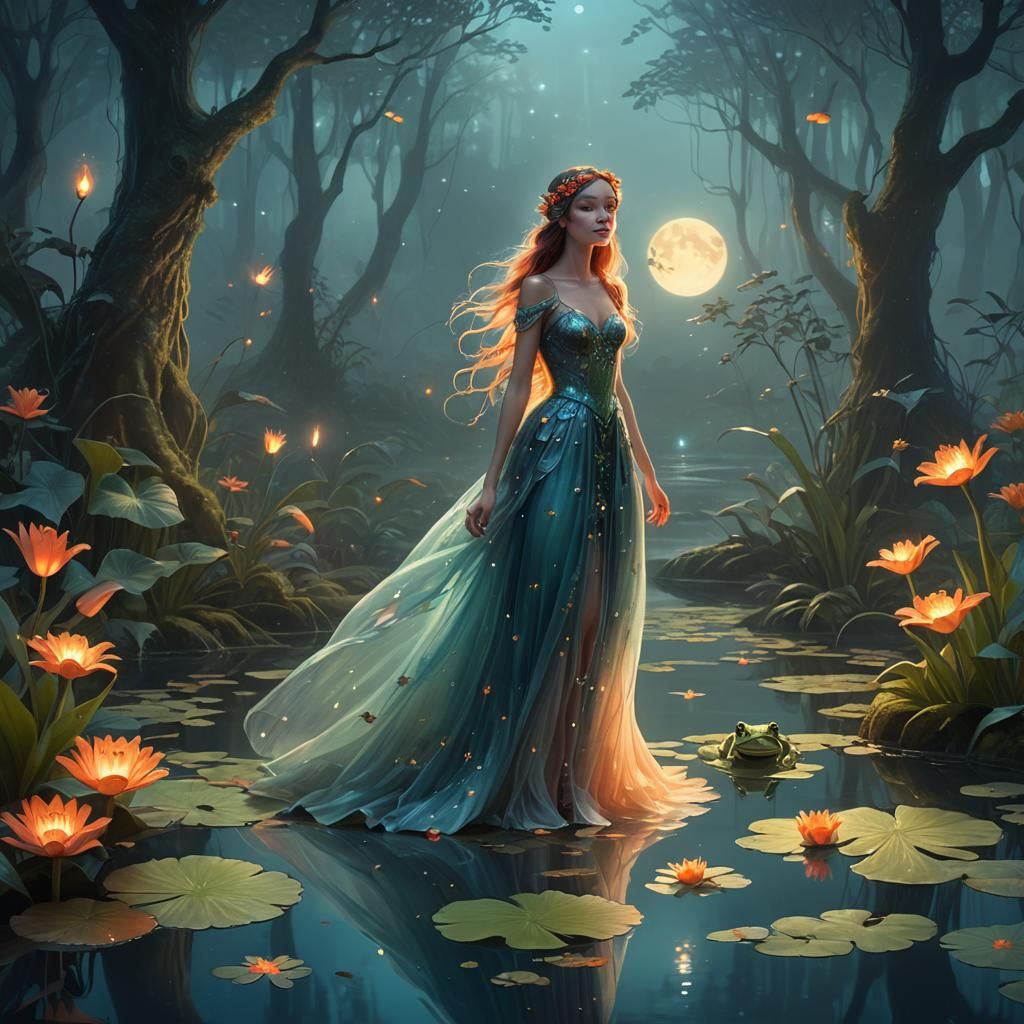 Girl and Frog in Moonlit Forest: Fantasy Art