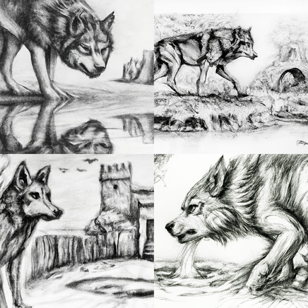 Detailed Charcoal Pencil Sketch of a Dire Wolf