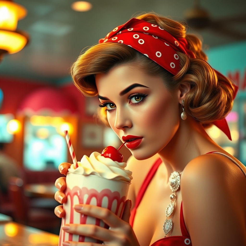 1950s Pin-Up Girl with Strawberry Milkshake