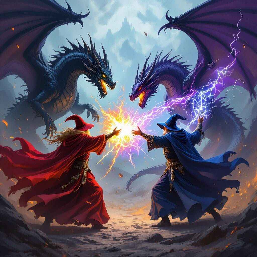 Epic Fantasy Battle: Wizards vs Dragons in Painterly Style