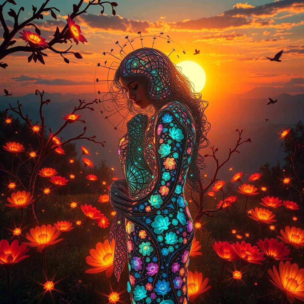 Surrealist Mother and Child in Dreamlike Landscape