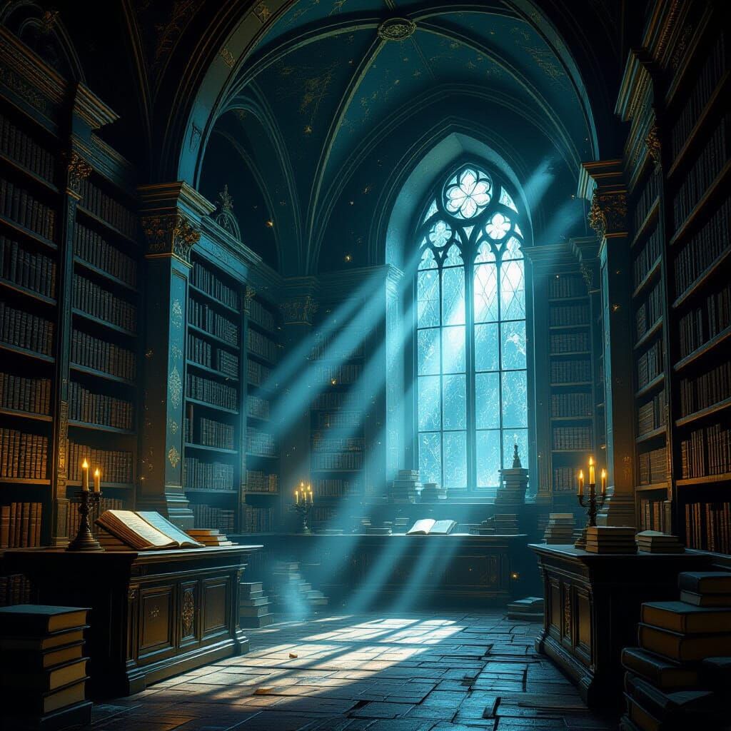 Mysterious Ancient Library with Arcane Texts and Celestial M...
