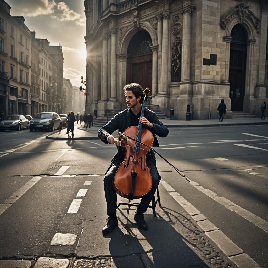 Hyperrealistic Cellist Plays on Empty Streets