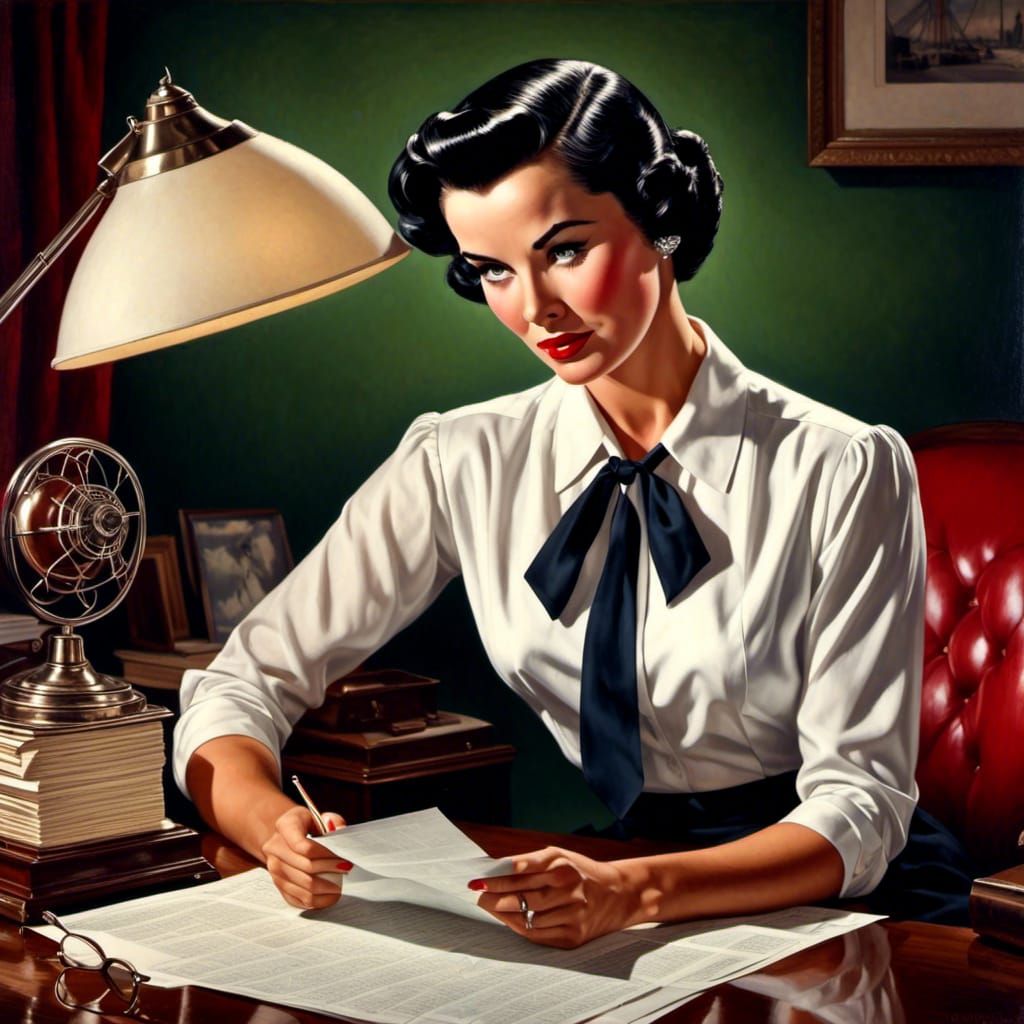 1950s Woman Reading File: Photorealistic Illustration