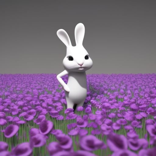 Cartoon white rabbit in a field of purple flowers.