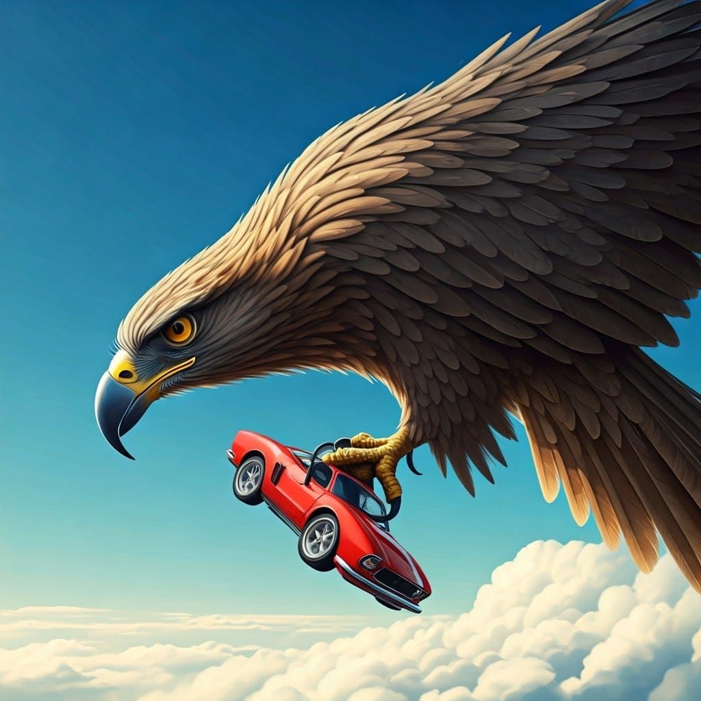 A Bird Soars Through the Sky with a Sports Car in Its Beak