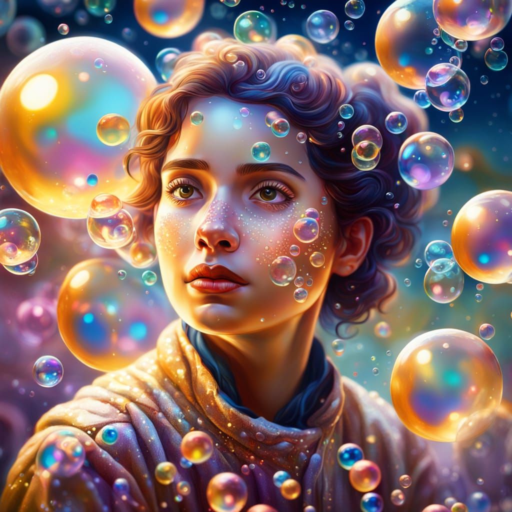 Surreal Artist Surrounded by Glowing Bubbles