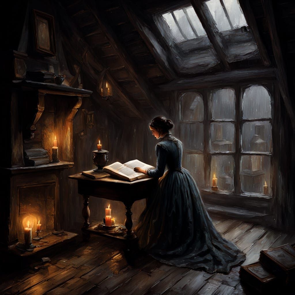 Regency Woman Reads in Dusty Attic by Candlelight