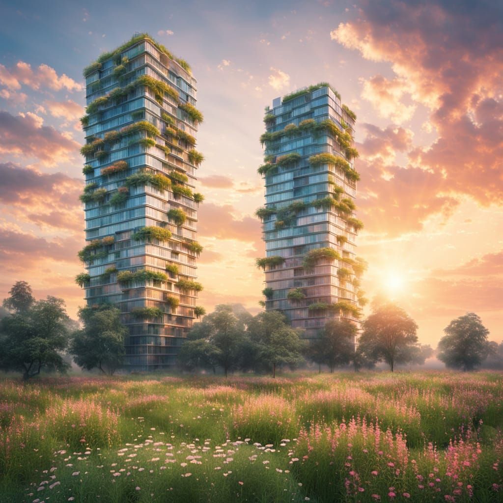 Dreamlike Pastel Skyscraper in a Serene Meadow